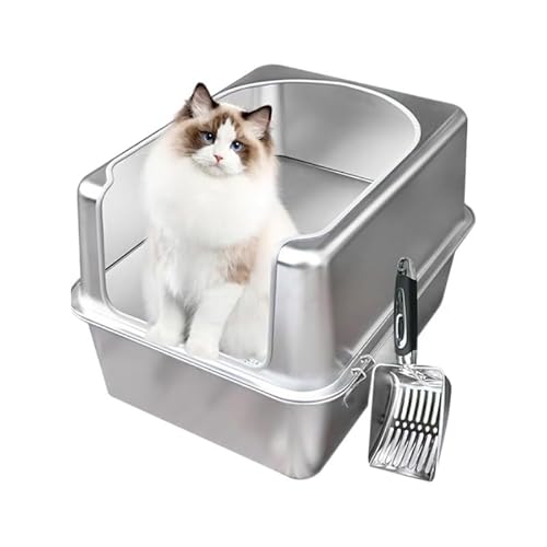 Bartuke Edelstahl-Katzenstreu-Box, 19.7’’Lx13.8’’Wx11.8’’H große halb eingeschlossen herausnehmbare Metall-Streu-Tablett mit High-Side-Gehäuse, Schaufel, Anti-Leck, Nicht klebrig, einfache Reinigung von Bartuke