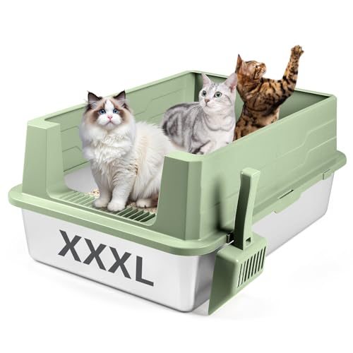 Bartuke Extra große Katzentoilette Edelstahl, XXXL 70 x 50 x 30 cm Katzenklo aus Metall mit hohem Rand und Schaufel, auslaufsicher, leicht zu reinigen, für große und mehrere Katzen (Grün) von Bartuke