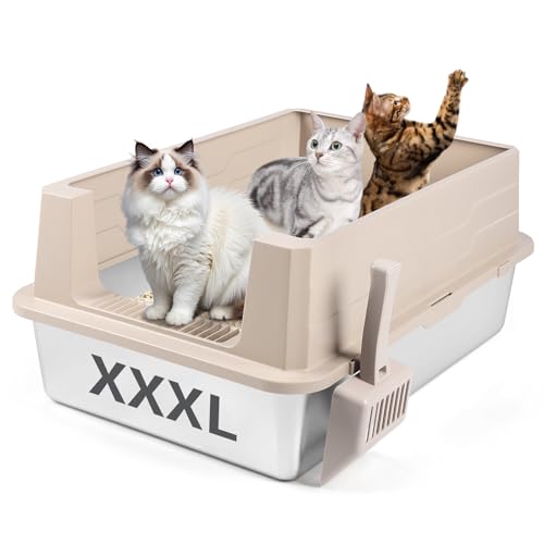 Bartuke Extra große Katzentoilette Edelstahl, XXXL 70 x 50 x 30 cm Katzenklo aus Metall mit hohem Rand und Schaufel, auslaufsicher, leicht zu reinigen, für große und mehrere Katzen (Khaki) von Bartuke