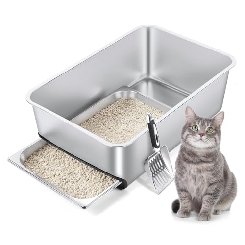 Bartuke Katzenklo Edelstahl XXL, 23.6’’Lx15.7’’Wx8''H Halbgeschlossene Katzentoilette mit ausziehbarer Schublade, Schaufel für große Katzen, Einfache Reinigung Bartuke Katzenklo Edelstahl XXL, 23.6’’Lx15.7’’Wx8''H Halbgeschlossene Katzentoilette mit ausziehbarer Schublade, Schaufel für große Katzen, Einfache Reinigung von Bartuke