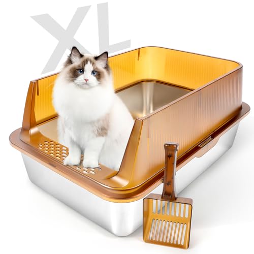 Bartuke Katzenklo Edelstahl XL, Katzentoilette Edelstahl 28L Große mit Hoher Abnehmbarer Rand Katzenstreuschaufel, Auslaufsicher Leicht zu Reinigen (Braun) von Bartuke