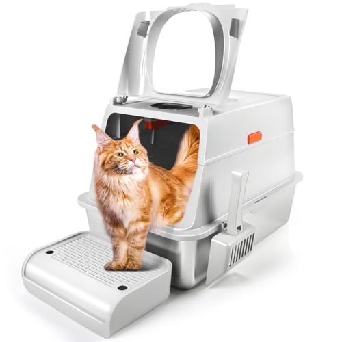 Bartuke Edelstahl Katzenklo XXL mit Deckel, Geschlossenes Katzentoilette Große mit Pedal, Auslaufsicher und Leicht zu Reinigen, Edelstahl Katzentoilette (Hell Grau) von Bartuke