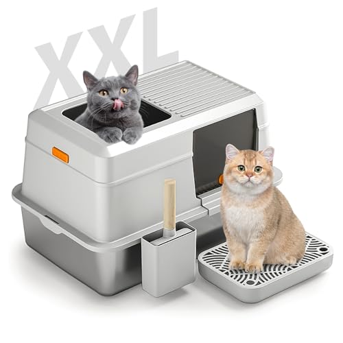 Bartuke Edelstahl Katzenklo XXL, Geschlossenes Katzentoilette Große mit Abnehmbaren Spritzschutz und Deckel, Auslaufsicher und Leicht zu Reinigen, Edelstahl Katzentoilette Hop in(Dunkel Grau) von Bartuke
