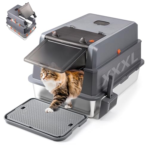 Bartuke Katzenklo Edelstahl mit Deckel, Geschlossene Herausnehmbare Katzentoilette für XXL Große Katzen mit Hoher Abnehmbarer Rand, Schaufel, Pedal, Auslaufsicher, Leicht zu Reinigen(L) von Bartuke