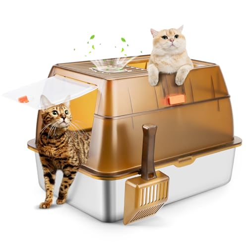 Bartuke Edelstahl Katzenklo XXL mit Deckel, Geschlossenes Katzentoilette Große mit Abnehmbaren Spritzschutz und Deckel, Auslaufsicher und Leicht zu Reinigen, Edelstahl Katzentoilette Hop in(Braun) von Bartuke
