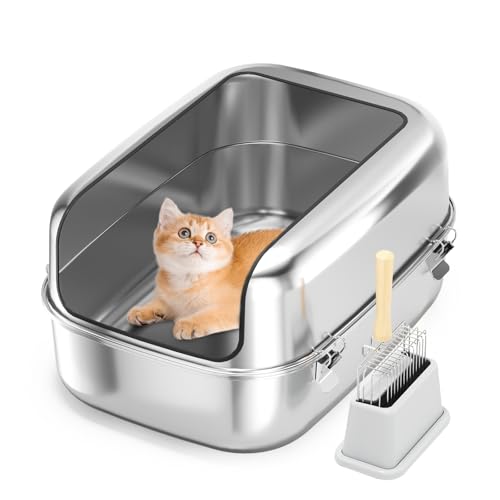 Bartuke Katzenklo aus Edelstahl, XXL halbgeschlossene herausnehmbare Katzentoilette aus Metall mit hochseitigem Gehäuse, Schaufel, auslaufsicher, Nicht klebend, leicht zu reinigen von Bartuke