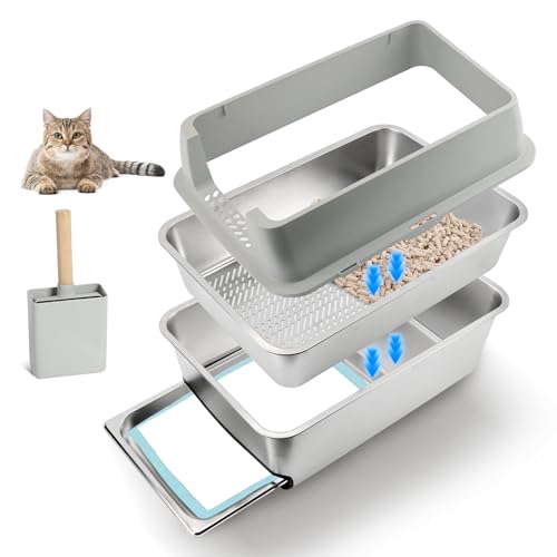 Bartuke Katzenklo aus Edelstahl, Halbgeschlossen Katzentoilette mit Schublade & Sieb und Schaufel Non-Sticky, Non-Odor, leicht zu reinigen von Bartuke