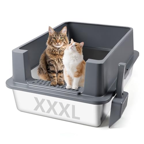 Bartuke Katzenklo aus Edelstahl, XXXL Katzentoilette Metall mit hohem Rand und Schaufel, auslaufsicher, leicht zu reinigen, für große und mehrere Katzen (Dunkelgrau) von Bartuke
