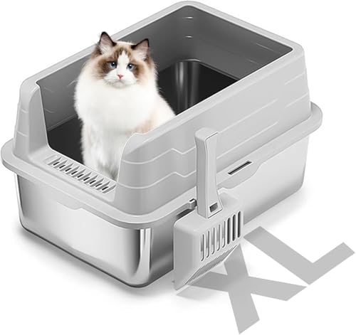 Bartuke Katzenklo aus Edelstahl, halbgeschlossene, herausnehmbare Metall Katzentoilette mit Schaufel, auslaufsicher, antihaftbeschichtet, leicht zu reinigen, für kleine bis große Katzen (Grau) von Bartuke