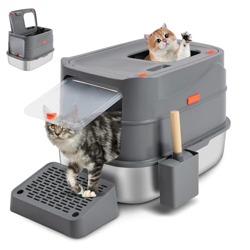 Bartuke Katzenklo aus Edelstahl mit Deckel, geschlossene, herausnehmbare Metall Katzentoilette für große Katzen mit Schaufel, auslaufsicher, antihaftbeschichtet, leicht zu reinigen (Dunkelgrau) von Bartuke