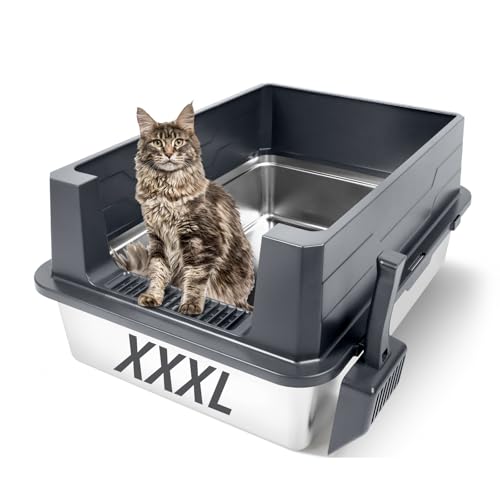 Bartuke Extra große Katzentoilette Edelstahl, XXXL 70 x 50 x 30 cm Katzenklo aus Metall mit hohem Rand und Schaufel, auslaufsicher, leicht zu reinigen, für große und mehrere Katzen (Dunkelgrau) von Bartuke
