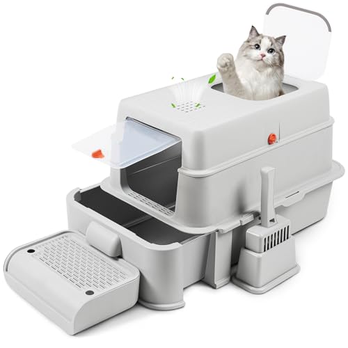 Bartuke Stainless Steel Cat Litter Box, High Sided Metal Drawer Litter Tray with Scoop, Filter Pedal, Non-Sticky, Non-Odor, Easy Cleaning (Light Grey) von Bartuke