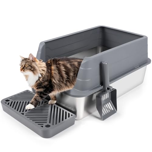 Bartuke Stainless Steel Cat Litter Box, Metal High Sided Litter Tray with Scoop, Filter Pedal, Non-Sticky, Non-Odor, Easy Cleaning (Dark Grey) von Bartuke