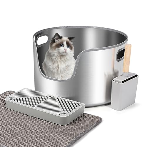 Bartuke Stainless Steel Cat Litter Box, Round High Sided Metal Litter Tray with Scoop, Filter Pedal, Non-Sticky, Non-Odor, Easy Cleaning Bartuke Stainless Steel Cat Litter Box, Round High Sided Metal Litter Tray with Scoop, Filter Pedal, Non-Sticky, Non-Odor, Easy Cleaning von Bartuke