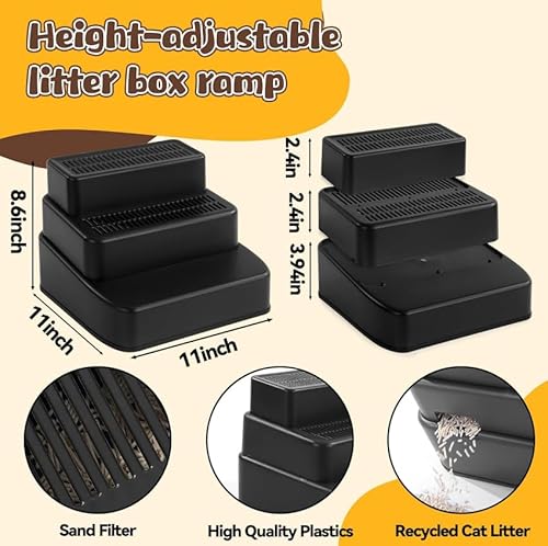 Bartuke Verstellbare 3-stufige Katzentoilettenrampe, Katzentoilettenstufe mit Filterfunktion, leicht zu reinigender Katzentoiletten-Treppenauffang für ältere Katzen und kleine Katzen (Schwarz) von Bartuke