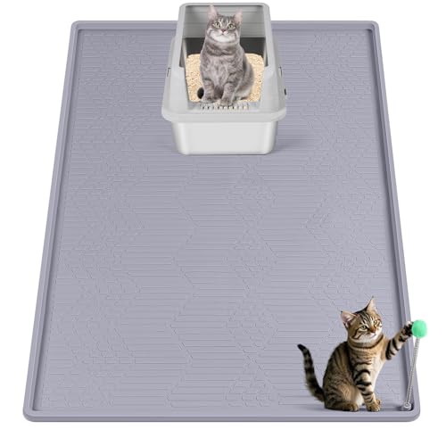 Bartuke große Katzenstreu-Matte mit Spielzeug-Ball, 34’’ x 22’’ Silikon-Katzenstreu-Fangmatte zur Streukontrolle, weich für Katzenpfoten, leicht zu reinigen (Hellgrau) von Bartuke