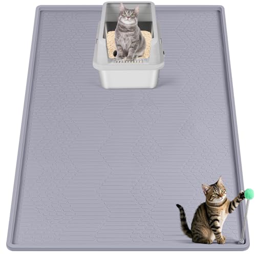 Bartuke große Katzenstreu-Matte mit Spielzeug-Ball, 38’’ x 25’’ Silikon-Katzenstreu-Fangmatte für Streu-Steuerung, weich auf Katzenpfoten, leicht zu reinigen (Hellgrau) von Bartuke