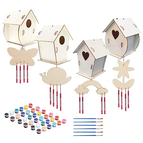 Bassulouda Set mit 4 Windspiel-Sets für Vogelhaus, Basteln, Kunst und Handwerk, aus Holz, für Vogelhaus, zum Bauen und Bemalen für Mädchen von Bassulouda