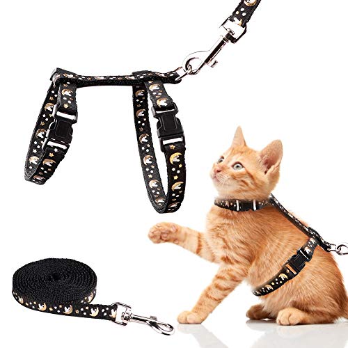 Katzengeschirr und Leine Set Gold Moons Sterne Weiches Nylon Ausbruchsicher Verstellbar für Kätzchen Kleintiere Leuchten im Dunkeln (Schwarz) von Baeuppit
