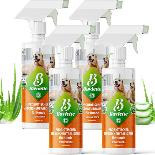 Baviette Hundeurin Neutralisieren bietet porentiefe Wirkung für Möbel, Polster, Teppich Auto, Tiergeruch, Urin Ammoniak zu entfernen Geruchsneutralisierer mit Bio Probiotika Power (Spray 4x500ml) von Baviette