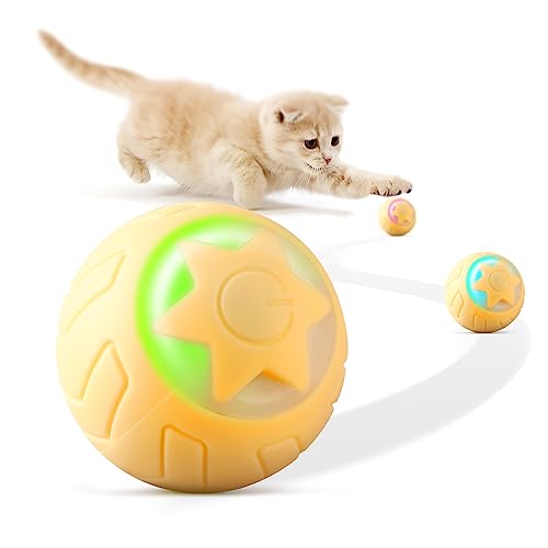 Baytion Interaktiver Katzenspielzeug-Ball, Haustier-Spielzeugball mit LED-Licht, automatisch drehbar, intelligent, für Katzen im Innenbereich, wiederaufladbar über USB (gelb) von Baytion