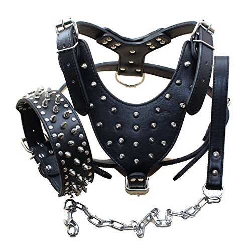 Bbmmayy Hundegeschirr und Halsband aus Leder mit Spikes, geeignet für große Rassen, Bullterrier, Dobermänner, strapazierfähiges Ledergeschirr mit Metallnieten und passender Halsband-Leine (XL, von Bbmmayy