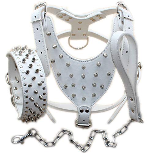 Bbmmayy Hundegeschirr und Halsband aus Leder mit Spikes, geeignet für große Rassen, Bullterrier, Dobermann, strapazierfähiges Ledergeschirr mit Metallnieten und passender Halsband-Leine (L, von Bbmmayy