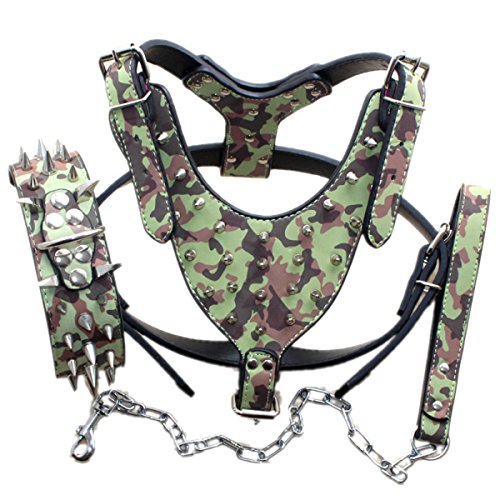 Bbmmayy Hundegeschirr und Halsband aus Leder mit Spikes, geeignet für große Rassen, Bullterrier, Dobermann, strapazierfähiges Ledergeschirr mit Metallnieten und passender Halsband-Leine (XL, Spikes, von Bbmmayy