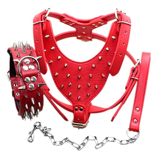 Bbmmayy Hundegeschirr und Halsband aus Leder mit Spikes, geeignet für große Rassen, Bullterrier, Dobermann, strapazierfähiges Ledergeschirr mit Metallnieten und passender Halsband-Leine (XL, Spikes, von Bbmmayy