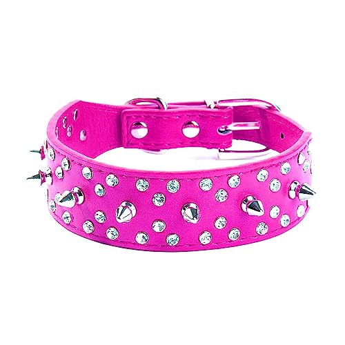 Bbmmayy Hundehalsband mit Strasssteinen, mit Spikes besetztes PU-Leder, Hundehalsband, weich und verstellbar für mittelgroße und große Hunde (L, Hot Pink) von Bbmmayy