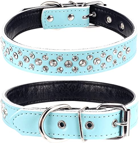 Bbmmayy Hundehalsband mit Strasssteinen, verstellbar, funkelnde Kristallbesetzung, Halsband Leder, für kleine und mittelgroße Rassen (Größe M, Halsumfang 30,5–38,1 cm, Hellblau) von Bbmmayy