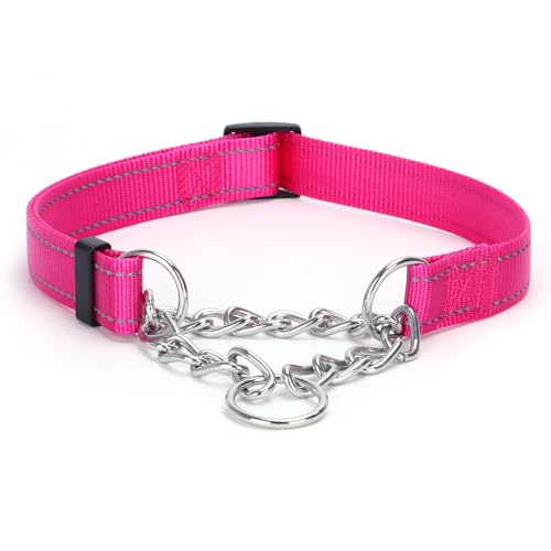 Bbmmayy Martingale Halsband für Hunde, verstellbares reflektierendes Nylon-Hundehalsband mit Edelstahlkette, Training, rutschfest, für kleine, mittelgroße und große Hunde (Hot Pink, S) von Bbmmayy