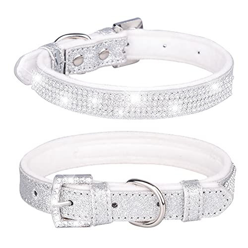 Bbmmayy Strass Hundehalsband, süß schillernd funkelnde Kristall Diamant Strasssteine Leder Hund Katze Halsband kleine Haustiere Welpenhalsband (S, Silber) von Bbmmayy