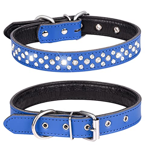 Bbmmayy Strass-Hundehalsband, verstellbar, funkelnd, mit Kristallnieten, echtes Leder, für kleine und mittelgroße Rassen (Größe M für Halsumfang 30,5–38,1 cm, Dunkelblau) von Bbmmayy