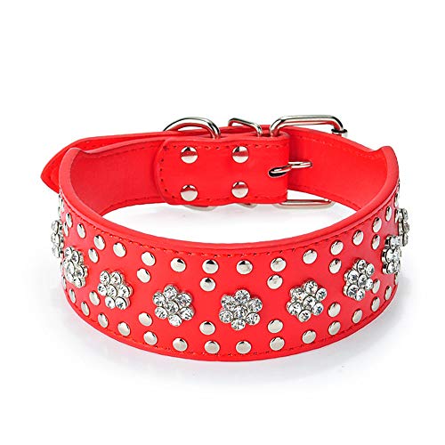 Bbmmayy Strasssteine Hundehalsbänder Blumenmuster Strass Nieten Leder Glitzernde Kristall Diamanten Schillernd Funkelnd Elegant Fancy PU Leder Hundehalsband für Mittlere & Große Hunde (L, Rot) von Bbmmayy