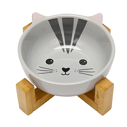 Bcowtte Erhöhter Futternapf für Hunde und Haustiere, Premium-Keramik, Cartoon-Druck, mit erhöhtem Ständer aus Bambus, perfekt für Katzen, Holzfarbe + + Gelb von Bcowtte