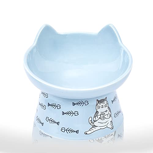 BEANS ROYALE Katzen-Wasser-/Futternapf Keramik Erhöhter Boden zum Schutz des Halses Spülmaschinen- und mikrowellengeeignet (Blau - geneigtes Katzenohr) von Beans Royale