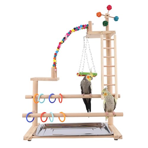 BeauFairy Papageien-Spielplatz, Vogelspielplatz für Papageien, Parrot Playstand Papagei Spielplatz mit Spielzeug, Tablett Edelstahl, für Nymphensittiche Vögel Kanarien Wellensittich, 46*31*70CM, F557 von BeauFairy