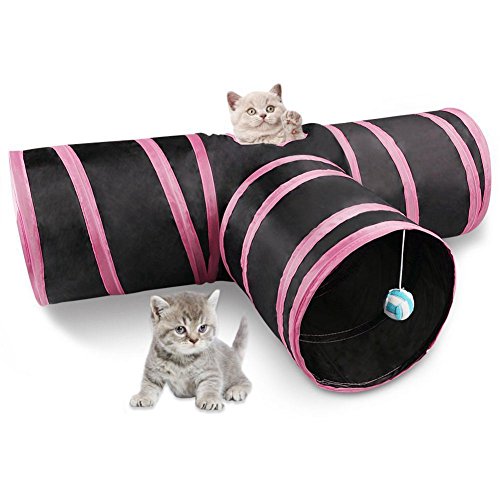 Beauneo Tunnel 3 Way Faltbare Pet Play Tunnel mit Ringing Ball, Geraeumige Tube Fun Fuer Puppy Kitten Pink + schwarz von Beauneo