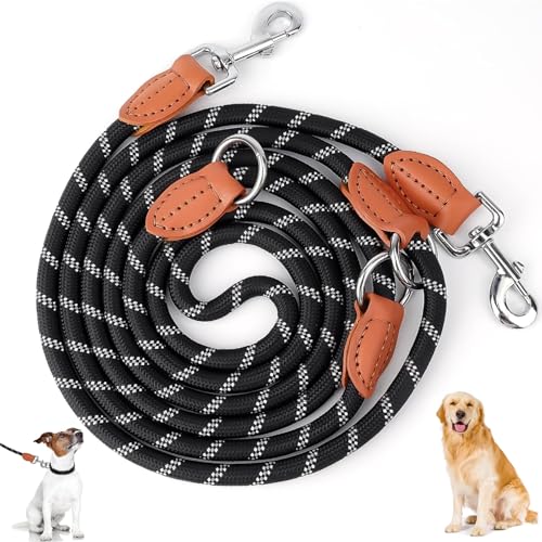 Hundeleine Verstellbar, Führleine Hund Rund mit 2 Karabinerhaken und 3 Ringen, Umhängeleine & Doppelleine, Hundeleine für Ggroße und Mittelgroße Hunde mit Reflektierenden Streifen (13 mm × 3 m) von Bebochoi