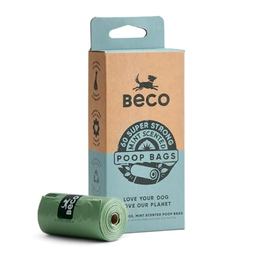 Beco Starke und große Kotbeutel – 60 Beutel (4 Rollen mit je 15 Stück) – Minzduft – Spenderkompatible Hundekotbeutel von Beco