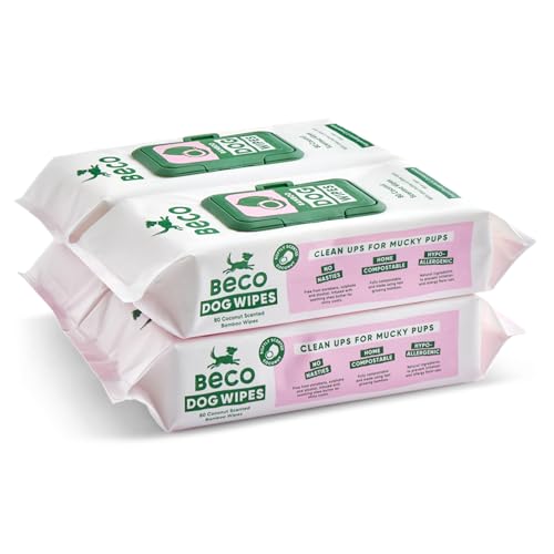 Beco Hundetücher - Plastikfrei, 80 Tücher x 4 Packungen, Kokosnuss-Duft, Für Pfoten, Körper und Po, Pflanzliche Pflegetücher von Beco
