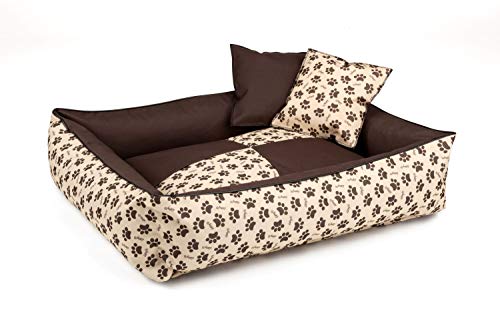 BedDog Hundebett 2in1 MAXQ, Hundekissen mit abziehbaren waschbaren Bezug, Hundekorb, Hundesofa, für mittel-große Hunde, L, beige-braun mit Pfoten von BedDog