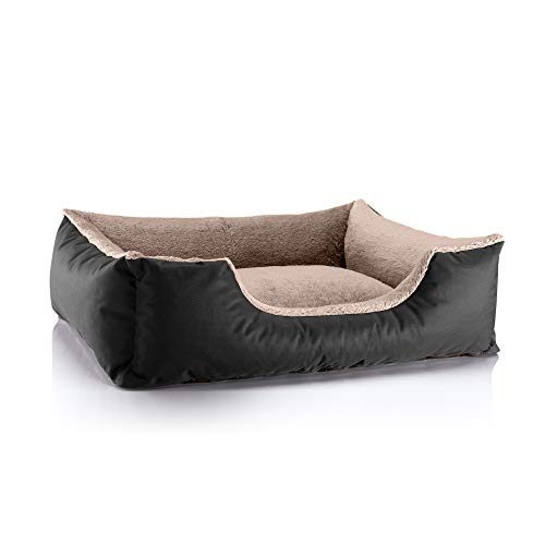 BedDog Hundebett Teddy, Hundesofa aus Cordura und Microfaser-Velours, waschbares Hundebett mit Rand, Hundekissen Vier-eckig, für drinnen, draußen, Größe L, schwarz-beige von BedDog