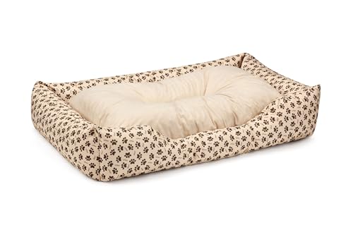 BedDog Hundebett Mimi, Hundesofa aus Cordura, Microfaser-Velours, waschbares Hundebett Vier-eckig mit Rand, Hundekissen für drinnen, draußen, XL, beige mit Pfoten von BedDog