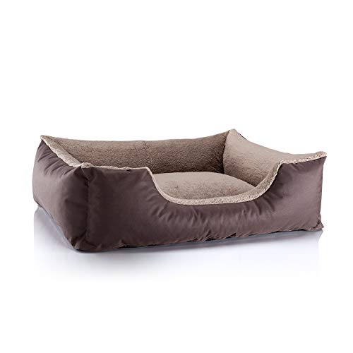 BedDog Hundebett Teddy, Hundesofa aus Cordura und Microfaser-Velours, waschbares Hundebett mit Rand, Hundekissen Vier-eckig, für drinnen, draußen, Größe L, braun-beige von BedDog
