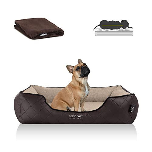 BedDog Premium Orthopädisches Hundebett WUFFI, Hundesofa aus Kunstleder, Abnehmbarer Bezug, Kuschel-Decke Zugabe - Melange (beige/braun) von BedDog