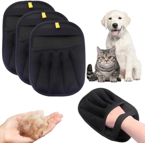 BedEuu Tierhaarentferner-Handschuhe für Katzen und Hunde, elektrostatische Fellpflege-Handschuhe für Möbel, Couch, Teppich, Autositz, wiederverwendbarer Fellentfernungshandschuh (3 Stück) von BedEuu
