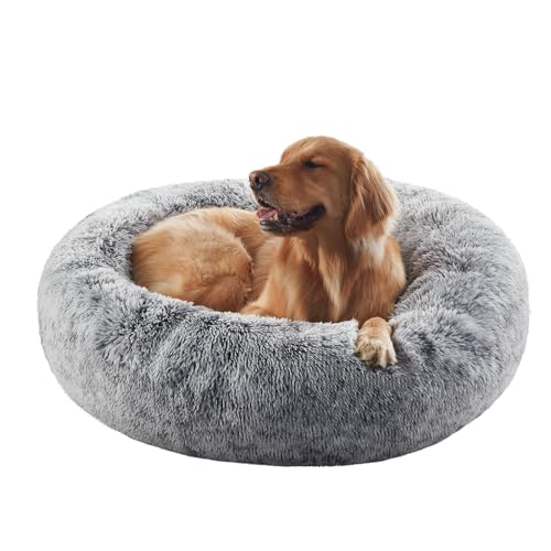 BedStill Beruhigendes Donut-Hundebett für große Hunde, flauschiges, rundes Haustierbett mit abnehmbarem und waschbarem Bezug, passend für Haustiere bis zu 45 kg (Dunkelgrau, Größe L) von BedStill
