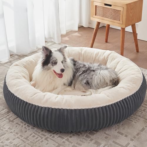 BedStill Donut-Hundebett für extra große Hunde, beruhigendes, rundes Haustierbett mit abnehmbarem Bezug, waschbares Milchplüsch-Kunstfell, passend für Haustiere bis zu 45 kg (Dunkelgrau, XL) von BedStill